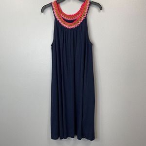 Boden Crochet Detail Jersey Dress Womens 8 Navy Blue Sleeveless A-Line Stretch